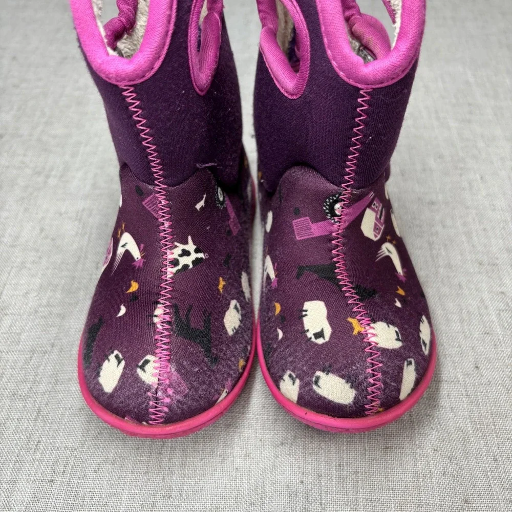 Bogs Baby Boots Purple Pink Farm Animal Print Waterproof‎ Insulated Kids Size 7